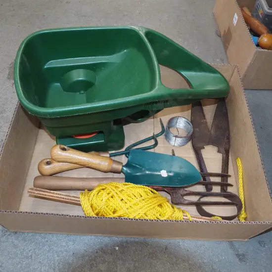 box; fertiliser spreader, garden tools etc