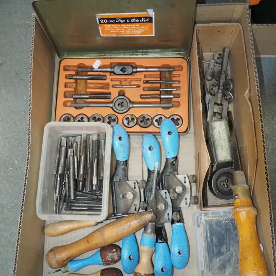 box; spoke shaves, tap and die sets etc
