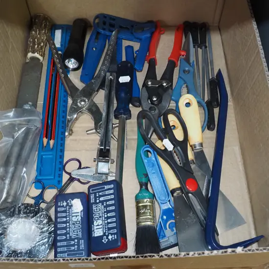 box; drill driverts, tin snips, files etc