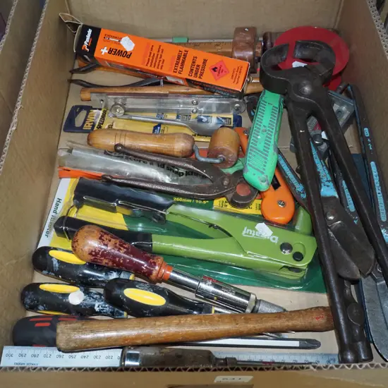 box; pop riveter, screwdrivers, tin snips, spade bits etc