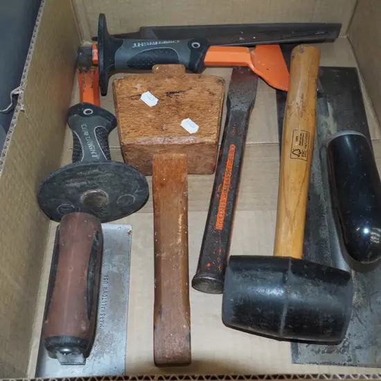 box; cold chisels, rubber hammer, plasters trowels etc