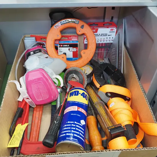 box; G clamp, plumbers stilson, breathing mask, saw blades etc