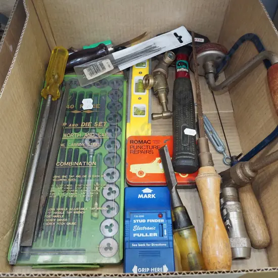 box; tap and die sset, files, stud finder etc