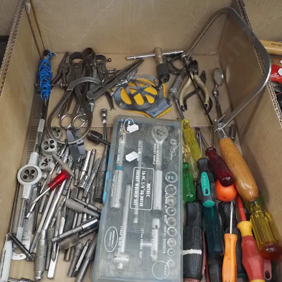 box; socket set, screwdrivers, coping saw etc