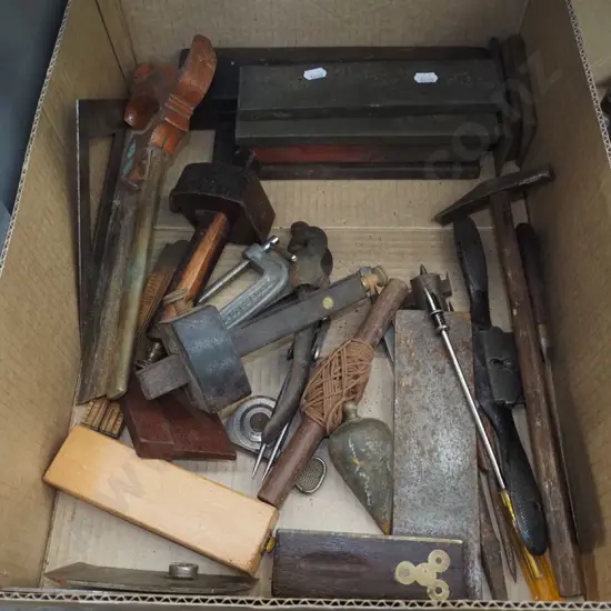 box; marker gauges, sharpening stone, plumb bob etc