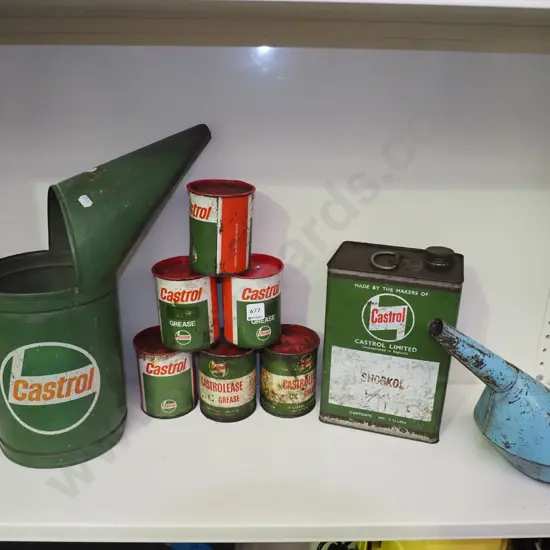shelf;  large Castrol oil pourer, grease tins etc