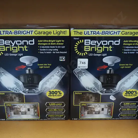 2x boxed Beyond Bright Led garage light fittings - screws into socket, not bayonet
