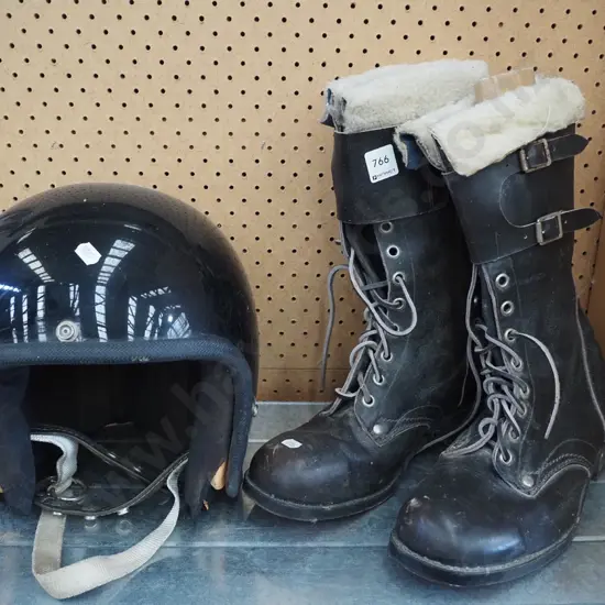 vintage motorcycle boots, helmet