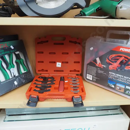 adjustable wrench spanner, jumping cables, 3 piece plier set