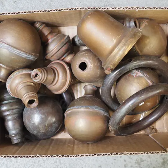 box; brass light fittings, bed end knobs etc