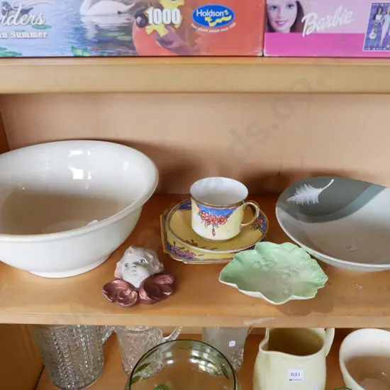 shelf; mixing bowl, Aynsley trio etc