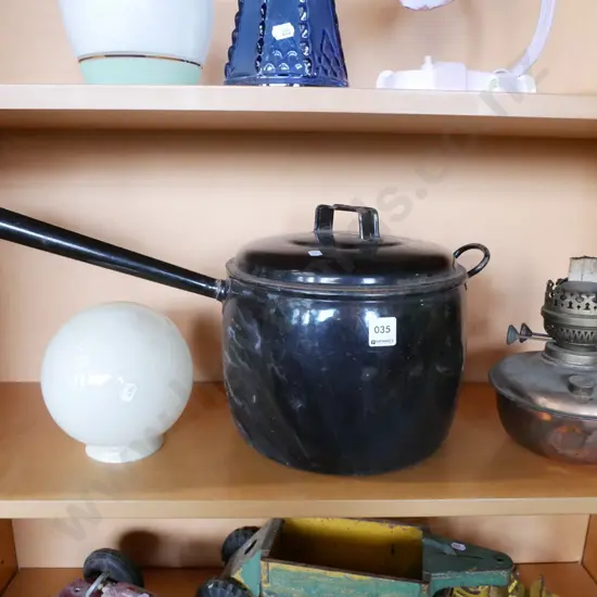 Judgeware long handled enamel boiler - some marks and rust, part kerosene lantern etc