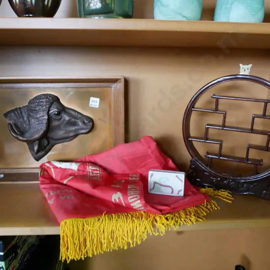 shelf; playing cards, Russian banner, Asian display shelves etc