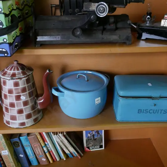 enamel casserole, tea pot, painted biscuit tin - some damage