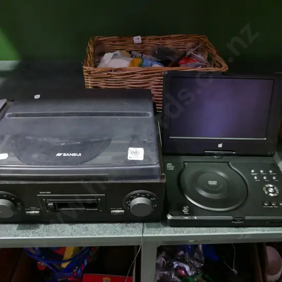 small Sansui turntable, tape cassette, radio, DVD player