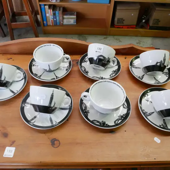 7x cafe themed cups and saucers
