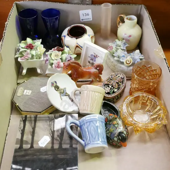 box; ceramic floral sprays, small vases, miniature beer mugs etc