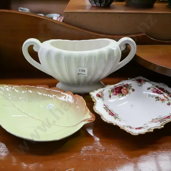 Royal Albert Old Country Rose dish, Royal Winton leaf dish, Falconware glass