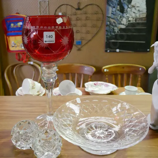 large ruby cut glass goblet H-300, bowl, 2x cut crystal tea light candlesticks