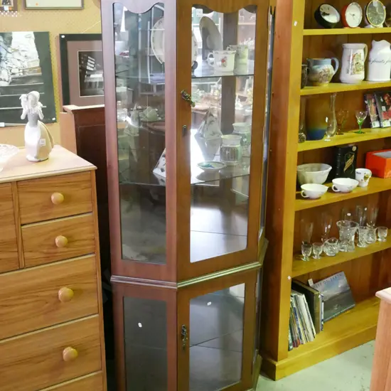 mdf faux wood veneer 2 drawer corner cabinet with glazed sides H-1830 D-550 W-790