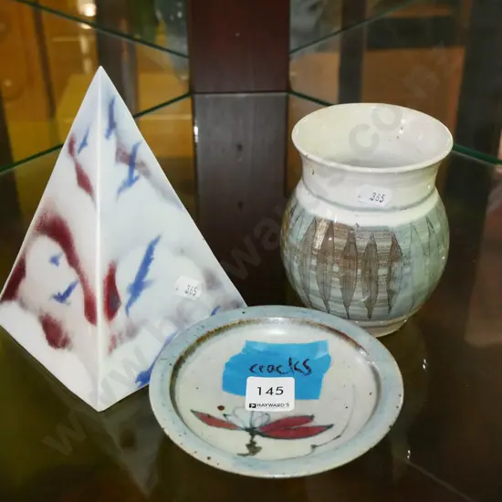 Hanmer pottery vase, small Neil Grant dish - crack, pottery pyramid