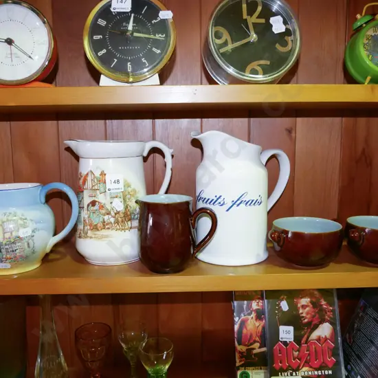 shelf; 4x jugs, 2x Denby soup bowls