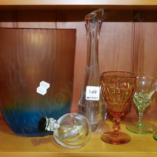 glass ware,  sherry glasses, vases, multi-coloured vase H-210 etc