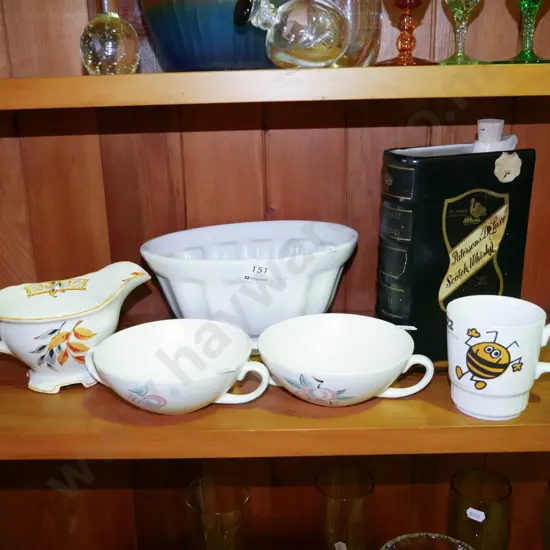 jelly mould, book, whisky decanter, Poole soup bowls etc
