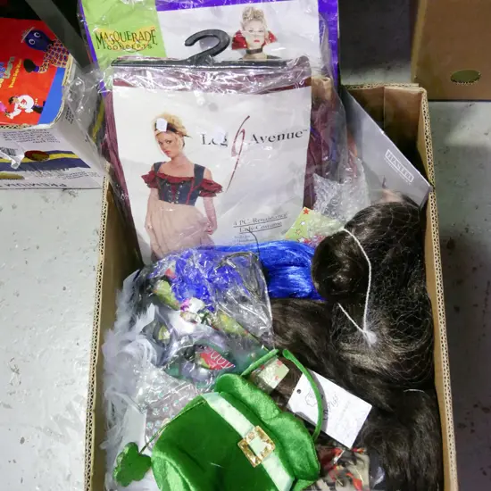 box; various costumes and wigs