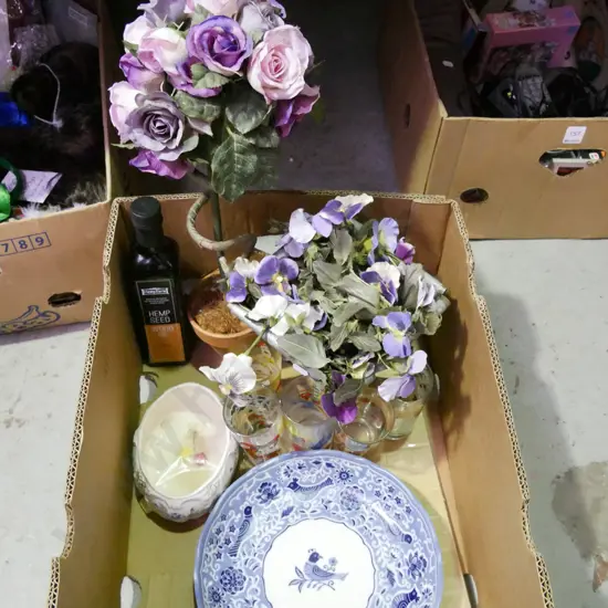 box; Nutella tumblers, faux flowers, blue and white bowl etc