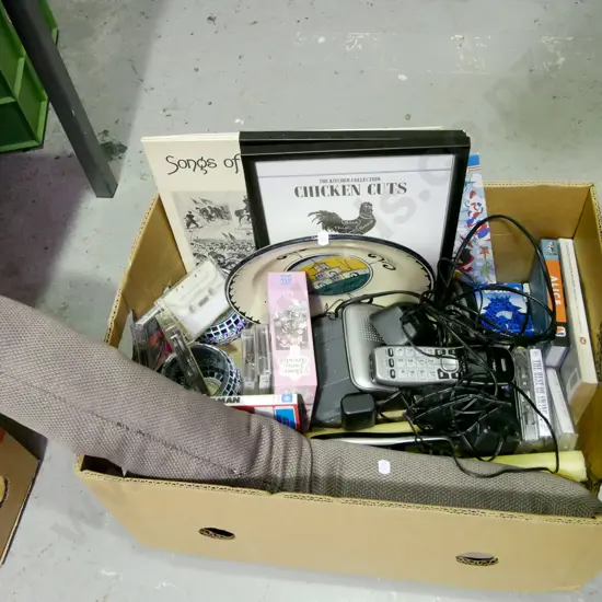 box; tape cassette, playing cards, bowl, draught stopper etc