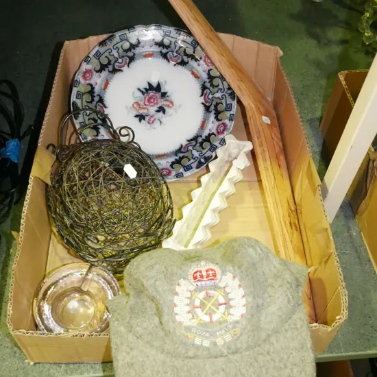 box; naval cap, boomerang, plate etc