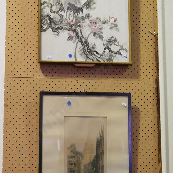 framed Asian needlework - herons, framed print - cathedral (damaged) - blue dots