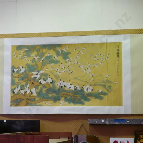 large Asian scroll - herons in tree  - some creasing  (comes with box) H-1080 W-3230