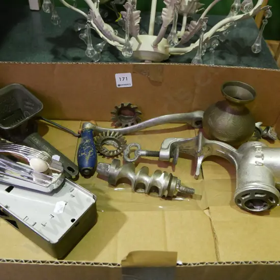 retro door bell, bench top mincer, brass vase etc