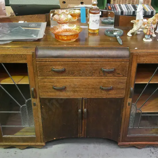 deco oak sideboard with 2 leadlight doors, 2 solid doors, 2 drawers H-990 W-1370 D-470