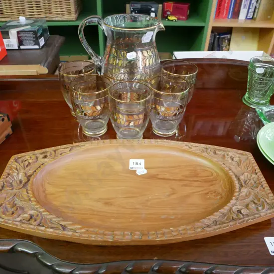 part water set, carved wooden serving tray