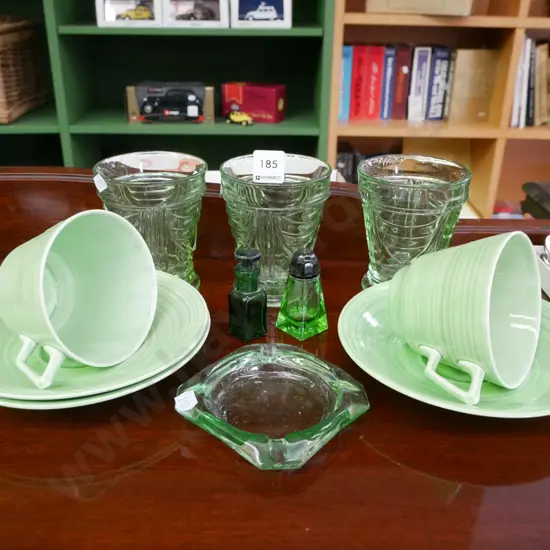 depression glass tumblers, ashtray, Crown Ducal cups, saucers etc