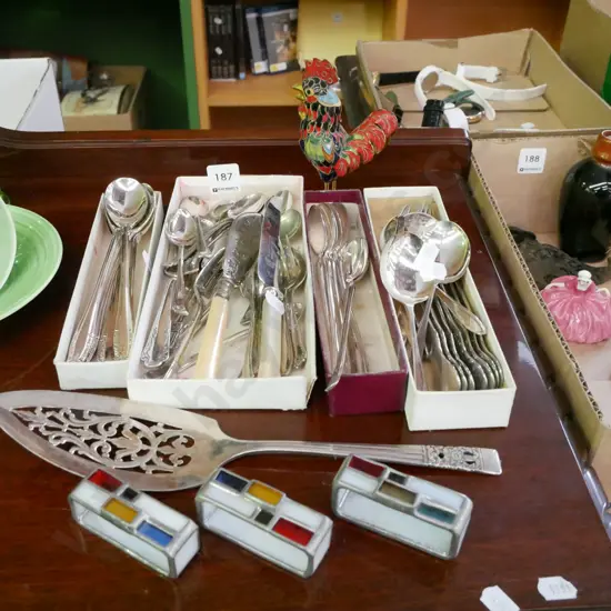 cased cutlery, pewter napkin rings, rooster