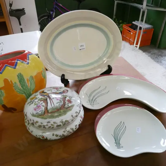 Carlton ware dishes, studio pottery vase, Susie Cooper ashet, Asian themed lidded trinket box