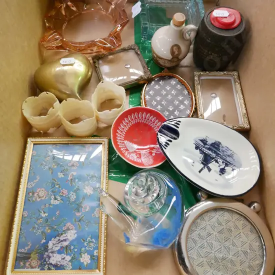 box; ashtrays, brass love heart, brass ornament etc