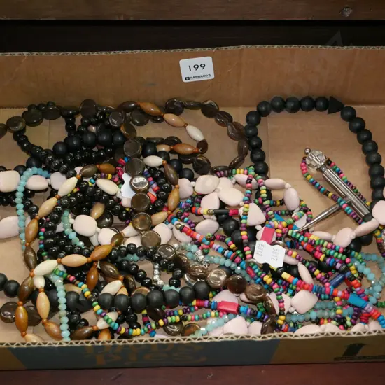 box; various beaded necklaces