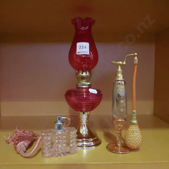 ruby glass kerosene lantern, 2x perfume atomisers