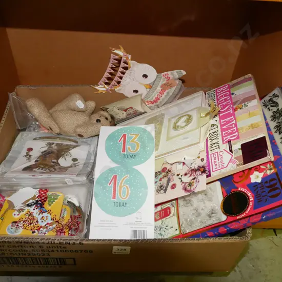 box of crafter's supplies, card making sets, stencils etc