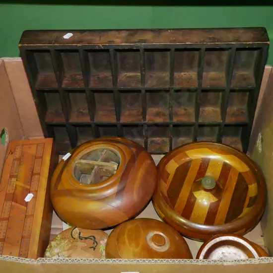 box; NZ native timber bowls, canisters, small type setters tray etc