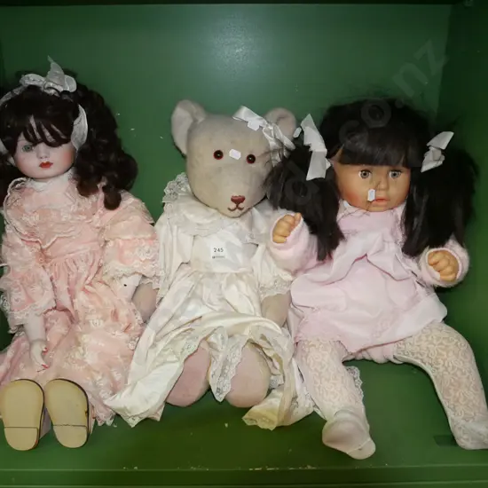 display doll, child's doll, teddy bear