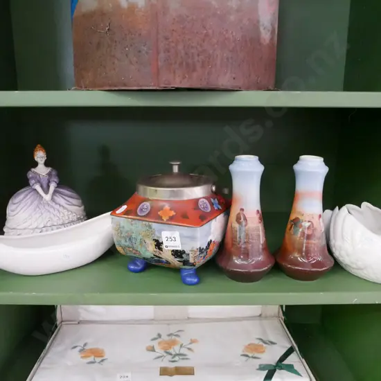 shelf; female storage canister, swan vase, footed lidded biscuit barrel