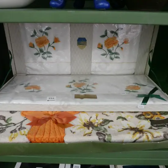 as-new boxed towels, Irish yellow rose linen