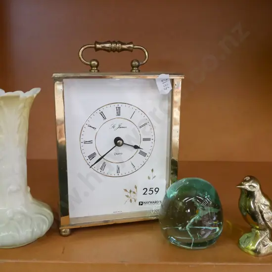 mantle clock, vase, small glass bird etc