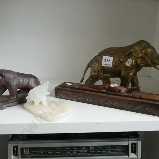 shelf; brass elephant, carved stone tiger, ashtray, carved wooden chopstick box